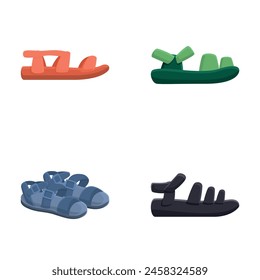 Sandal icons set cartoon vector. Various open fashion sandal with strap. Footwear, summer shoe