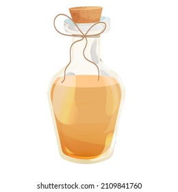 Sandal oil in bottle with wooden cork and rope in cartoon style isolated on white background. Ayurveda therapy ingredient 