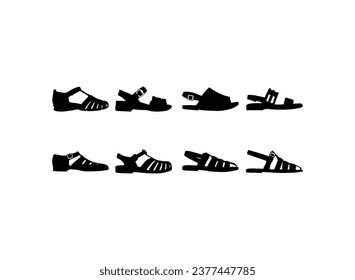 Sandal silhouette vector design and illustration. Shoes silhouettes. Shoes icons. Set of men's and women's shoes icons, black silhouette isolated white background.