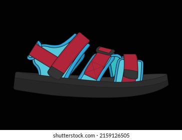 ilustración de vector de arena con fondo negro. Zapato veraniego de caricatura de sandalias.
