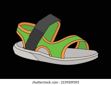 ilustración de vector de arena con fondo negro. Zapato veraniego de caricatura de sandalias.
