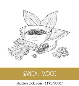 Sandal wood. Leaf, flower. Powder, bacillus, bowl, spoon. Monochrome. Sketch. On a white background.
