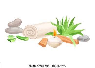 Sandal Wood Stick, Candle and Hot Stones as Spa Treatment Vector Composition