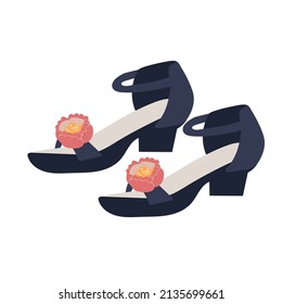 Sandals, sandals, black with a flower, on a heel on a white background. vector isolated on white. Vector illustration
