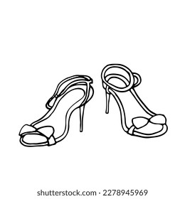 sandals with a bow on a thin stiletto heel - hand drawn doodle. summer women's shoes with stilettos vector sketch