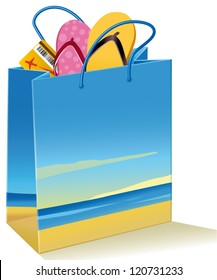 Sandals and flight ticket into a paper bag with a picture of a beach. Useful image to promote holiday packages