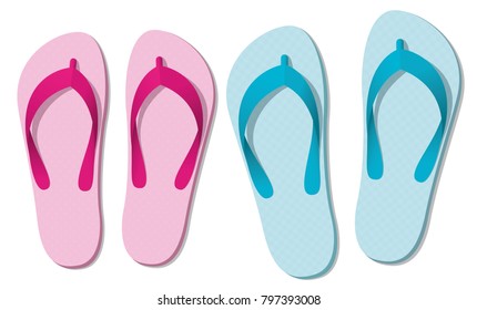 Sandals or flip flops - two pairs of summer fun footwear for man and woman - symbolic for love couple on beach holiday, honeymoon or romantic recreation - isolated vector illustration on white.