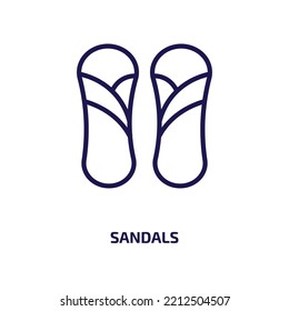 icono de sandalias de la colección de ropa. Sándalos lineales delgados, gafas de sol, icono del contorno de la palma aislado en un fondo blanco. Signo de sandalias vectoriales de línea, símbolo para web y móvil