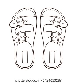 Sandals icon in line art style. Bare foot flippers for man and women. Design for shoes store. Vector illustration isolated on a white background.