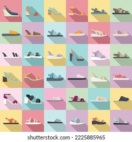 Sandalsymbole setzen einen flachen Vektor. Fußschuhe. Futterzubehör