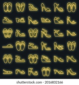 Sandals icons set. Outline set of sandals vector icons neon color on black