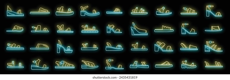 Sandals icons set outline vector. Foot shoes. Feet accessory neon isolated