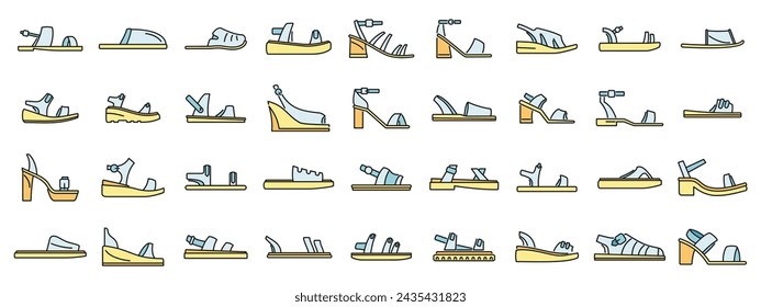 Sandals icons set outline vector. Foot shoes. Feet accessory color line isolated