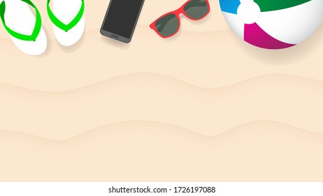 Sandals, Mobile phone, Eyeglasses and Beach ball on sand background, Summer concept illustration vector