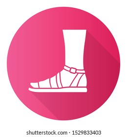 Sandals pink flat design long shadow glyph icon. Woman stylish footwear design. Female casual shoes, modern summer flats with ankle strap. Ladies clothing accessory. Vector silhouette illustration