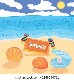 Sandalias y conchas en la playa Verano paisaje de viajes de vacaciones Vector