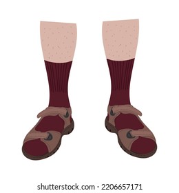 Sandals and socks isolated on white background. Vector illustration with man legs. Modern summer foot wear.