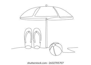 Sandals, umbrellas and beach balls. Summer concept one-line drawing