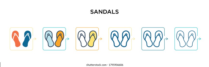 Sandals vector icon in 6 different modern styles. Black, two colored sandals icons designed in filled, outline, line and stroke style. Vector illustration can be used for web, mobile, ui