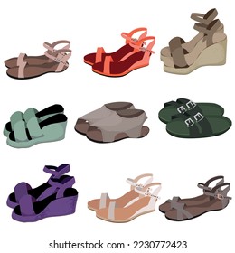 sandalias para mujeres dibujando en caricatura. hembra de moda, chica de verano, modelo hermoso, calzado estilo, sandalias de zapatos mujeres ilustración vectorial.