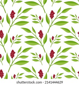 Sandalwood. A branch with leaves and flowers. Seamless background. Colored wallpaper. Vector drawing in a flat style.