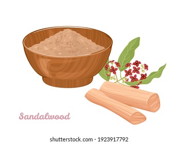 Sandalwood powder in bowl, Chandan sticks and  flowering plant with green leaves isolated on a white background. Vector illustration in cartoon flat style.