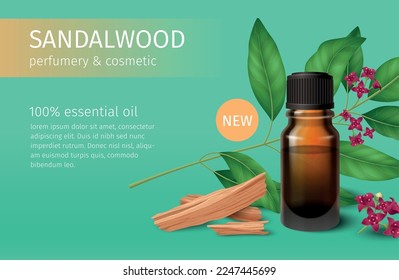 Sandalwood realistic AD banner with editable text decorated by plant branches fragrant chips and perfumery products vector illustration