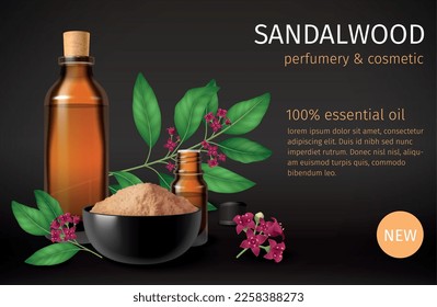 Composición realista de madera de sándalo con ramitas esenciales de plantas de perfume de aceite y texto AD editable sobre ilustración vectorial de fondo negro