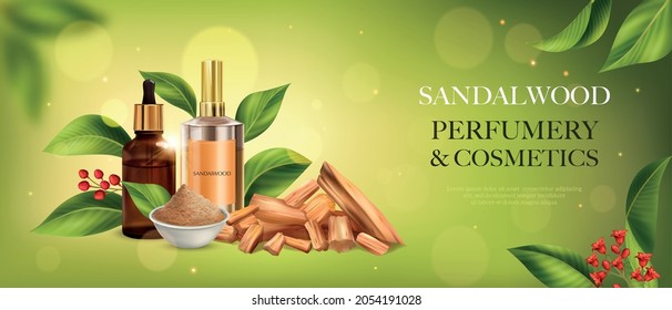 Sandalwood sticks powder flower and cosmetic products on green blurred background horizontal poster realistic vector illustration