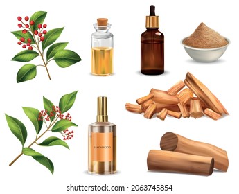 Sandalwood sticks powder flowers and bottles of perfume and essential oil realistic set isolated on white background vector illustration