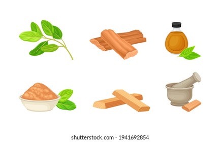 Sandalwood Timber and Wood Material with Fragrant Powder in Bowl Vector Set
