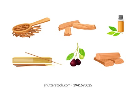 Sandalwood Timber and Wood Material with Fragrant Chip and Sticks Vector Set