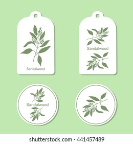 Sandalwood tree branch with flowers silhouette. Vector Illustration. Health and Nature Set of Tags and Labels