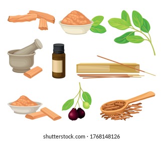 Sandalwood Tree Branch and Fragrant Powder in Bowl Vector Set