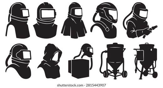 Sandblasting Hood Vector Silhouette Bundle - Industrial Abrasive Blasting Helmet Icon Pack - Blast Cabinet Protection Equipment Template Collection

If you want to create highly professional marketing layouts or branding assets for industrial surface preparation companies, this comprehensive collection of abrasive blast protection silhouettes is the ideal setup for your workshop portfolio. We have packed this extensive bundle with everything that represents professional rust removal, paint stripping, and glass bead blasting, featuring solid black vector shapes of sandblasting hoods, protective air-fed helmets, suit capes, heavy blast nozzles, pressure pots, and benchtop sandblast cabinets. The layout also integrates essential industrial equipment including air compressor tanks, blast hoses, safety goggles, worker respirators, storage toolboxes, traffic cones, and operator silhouettes performing abrasive cleaning.

Every single helmet outline and industrial tool shape in this graphic compilation is carefully structured with sharp contours and flat solid configurations to ensure seamless scalability. It works beautifully as a high-converting template layout for digital creators and small contracting print shops looking to build clean commercial logos, custom blaster work uniform shirts, custom vinyl decals for service trucks, blasting shop window signs, or commercial print on demand trade merchandise without dealing with messy node errors or overlapping paths.
