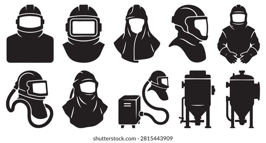 Sandblasting Hood Vector Silhouette Bundle - Industrial Abrasive Blasting Helmet Icon Pack - Blast Cabinet Protection Equipment Template Collection

If you want to create highly professional marketing layouts or branding assets for industrial surface preparation companies, this comprehensive collection of abrasive blast protection silhouettes is the ideal setup for your workshop portfolio. We have packed this extensive bundle with everything that represents professional rust removal, paint stripping, and glass bead blasting, featuring solid black vector shapes of sandblasting hoods, protective air-fed helmets, suit capes, heavy blast nozzles, pressure pots, and benchtop sandblast cabinets. The layout also integrates essential industrial equipment including air compressor tanks, blast hoses, safety goggles, worker respirators, storage toolboxes, traffic cones, and operator silhouettes performing abrasive cleaning.

Every single helmet outline and industrial tool shape in this graphic compilation is carefully structured with sharp contours and flat solid configurations to ensure seamless scalability. It works beautifully as a high-converting template layout for digital creators and small contracting print shops looking to build clean commercial logos, custom blaster work uniform shirts, custom vinyl decals for service trucks, blasting shop window signs, or commercial print on demand trade merchandise without dealing with messy node errors or overlapping paths.