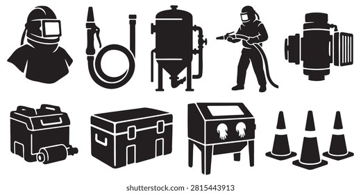Sandblasting Hood Vector Silhouette Bundle - Industrial Abrasive Blasting Helmet Icon Pack - Blast Cabinet Protection Equipment Template Collection

If you want to create highly professional marketing layouts or branding assets for industrial surface preparation companies, this comprehensive collection of abrasive blast protection silhouettes is the ideal setup for your workshop portfolio. We have packed this extensive bundle with everything that represents professional rust removal, paint stripping, and glass bead blasting, featuring solid black vector shapes of sandblasting hoods, protective air-fed helmets, suit capes, heavy blast nozzles, pressure pots, and benchtop sandblast cabinets. The layout also integrates essential industrial equipment including air compressor tanks, blast hoses, safety goggles, worker respirators, storage toolboxes, traffic cones, and operator silhouettes performing abrasive cleaning.

Every single helmet outline and industrial tool shape in this graphic compilation is carefully structured with sharp contours and flat solid configurations to ensure seamless scalability. It works beautifully as a high-converting template layout for digital creators and small contracting print shops looking to build clean commercial logos, custom blaster work uniform shirts, custom vinyl decals for service trucks, blasting shop window signs, or commercial print on demand trade merchandise without dealing with messy node errors or overlapping paths.