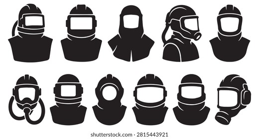 Sandblasting Hood Vector Silhouette Bundle - Industrial Abrasive Blasting Helmet Icon Pack - Blast Cabinet Protection Equipment Template Collection

If you want to create highly professional marketing layouts or branding assets for industrial surface preparation companies, this comprehensive collection of abrasive blast protection silhouettes is the ideal setup for your workshop portfolio. We have packed this extensive bundle with everything that represents professional rust removal, paint stripping, and glass bead blasting, featuring solid black vector shapes of sandblasting hoods, protective air-fed helmets, suit capes, heavy blast nozzles, pressure pots, and benchtop sandblast cabinets. The layout also integrates essential industrial equipment including air compressor tanks, blast hoses, safety goggles, worker respirators, storage toolboxes, traffic cones, and operator silhouettes performing abrasive cleaning.

Every single helmet outline and industrial tool shape in this graphic compilation is carefully structured with sharp contours and flat solid configurations to ensure seamless scalability. It works beautifully as a high-converting template layout for digital creators and small contracting print shops looking to build clean commercial logos, custom blaster work uniform shirts, custom vinyl decals for service trucks, blasting shop window signs, or commercial print on demand trade merchandise without dealing with messy node errors or overlapping paths.