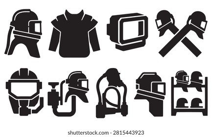 Sandblasting Hood Vector Silhouette Bundle - Industrial Abrasive Blasting Helmet Icon Pack - Blast Cabinet Protection Equipment Template Collection

If you want to create highly professional marketing layouts or branding assets for industrial surface preparation companies, this comprehensive collection of abrasive blast protection silhouettes is the ideal setup for your workshop portfolio. We have packed this extensive bundle with everything that represents professional rust removal, paint stripping, and glass bead blasting, featuring solid black vector shapes of sandblasting hoods, protective air-fed helmets, suit capes, heavy blast nozzles, pressure pots, and benchtop sandblast cabinets. The layout also integrates essential industrial equipment including air compressor tanks, blast hoses, safety goggles, worker respirators, storage toolboxes, traffic cones, and operator silhouettes performing abrasive cleaning.

Every single helmet outline and industrial tool shape in this graphic compilation is carefully structured with sharp contours and flat solid configurations to ensure seamless scalability. It works beautifully as a high-converting template layout for digital creators and small contracting print shops looking to build clean commercial logos, custom blaster work uniform shirts, custom vinyl decals for service trucks, blasting shop window signs, or commercial print on demand trade merchandise without dealing with messy node errors or overlapping paths.