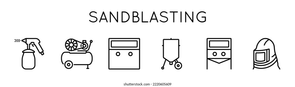 Sandblasting icons set. Presented camera, pistol, mask, container. For web design and internet.