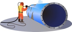 Sandblasting process vector illustration, Industrial worker using sand blasting process preparation cleaning surface on big steel, industrial worker, steel factory concept