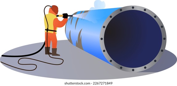 Sandblasting process vector illustration, Industrial worker using sand blasting process preparation cleaning surface on big steel, industrial worker, steel factory concept