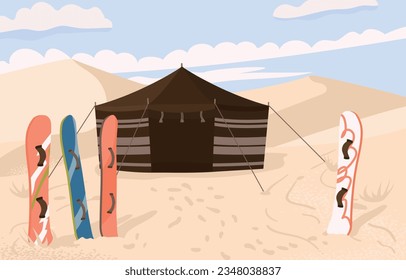 Sandboarding camp in the desert. Tent and boards for skiing on the dunes. Vector illustration. An active sport in hot countries.