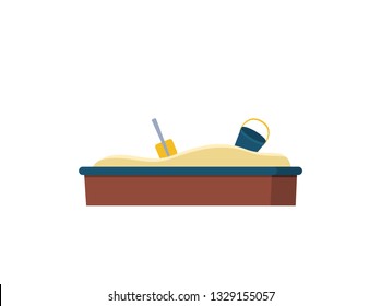 Sandbox in brown color with bucket and shovel isolated on white, playground with send or element of entertainment outdoor, sander flat view vector