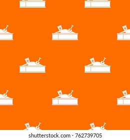Sandbox with bucket and shovel pattern repeat seamless in orange color for any design. Vector geometric illustration