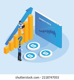 Sandbox coin price to the moon isometric 3d vector illustration concept banner, website, landing page, ads, flyer template