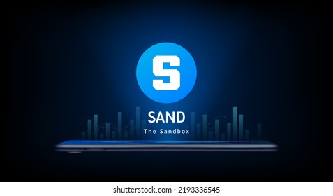 The Sandbox crypto currency token symbol come out from smartphone. Coin icon on dark background. Trading cryptocurrency in stock market on application. For website or banner. Vector illustrator.
