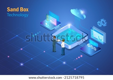 Sandbox, demo test software programing. Engineering team discuss virtual experiment  program in metaverse sanbox simulation background