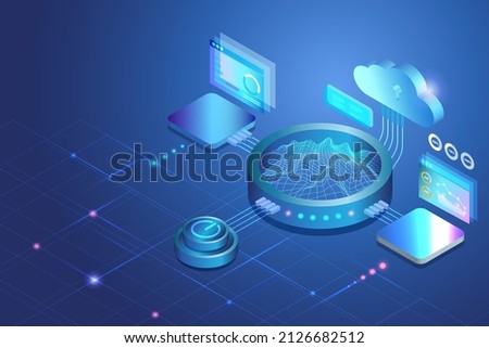 Sandbox, demo test software programing and mining cryptocurrency concept. 3D modern equipments with cloud computing  virtual experiment simulation program. 