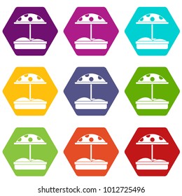 Sandbox with dotted umbrella icon set many color hexahedron isolated on white vector illustration